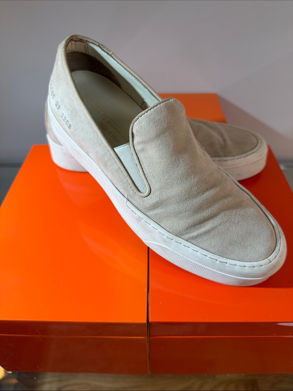 Common Projects Beige Suede Slip-On Sneakers